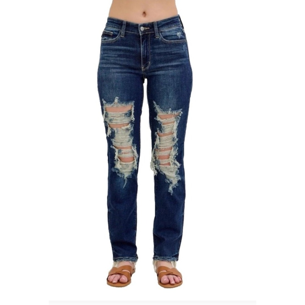 Judy Blue Straight Leg Jeans Womens 13/31 Destroyed Mid Rise Dark Wash Boho New